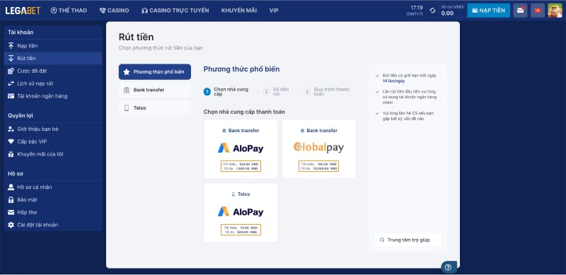 Điều kiện và các bước rút tiền nhanh chóng tại LegaBet